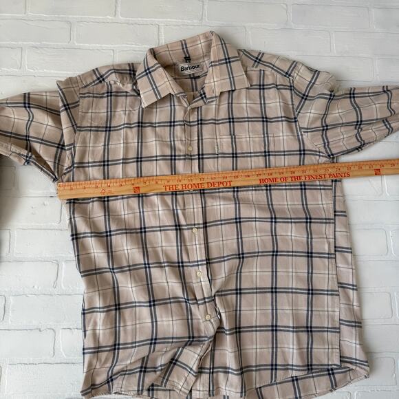Barbour Men's Beige and Navy Plaid 100% Cotton Flannel Long Sleeve Shirt sz L - Picture 4 of 6